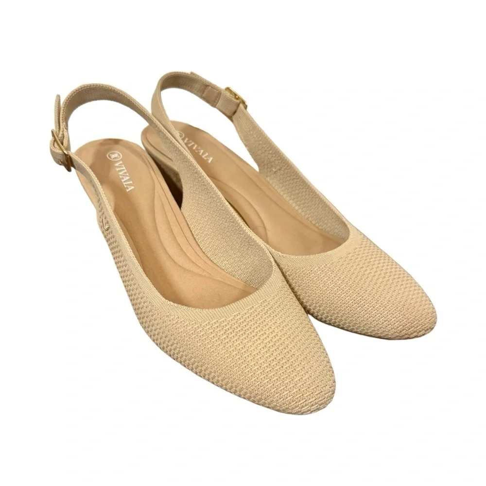 Vivaia Almond Toe Beige Slingback Wedge Tamia in Almond Crochet-Still Full Price